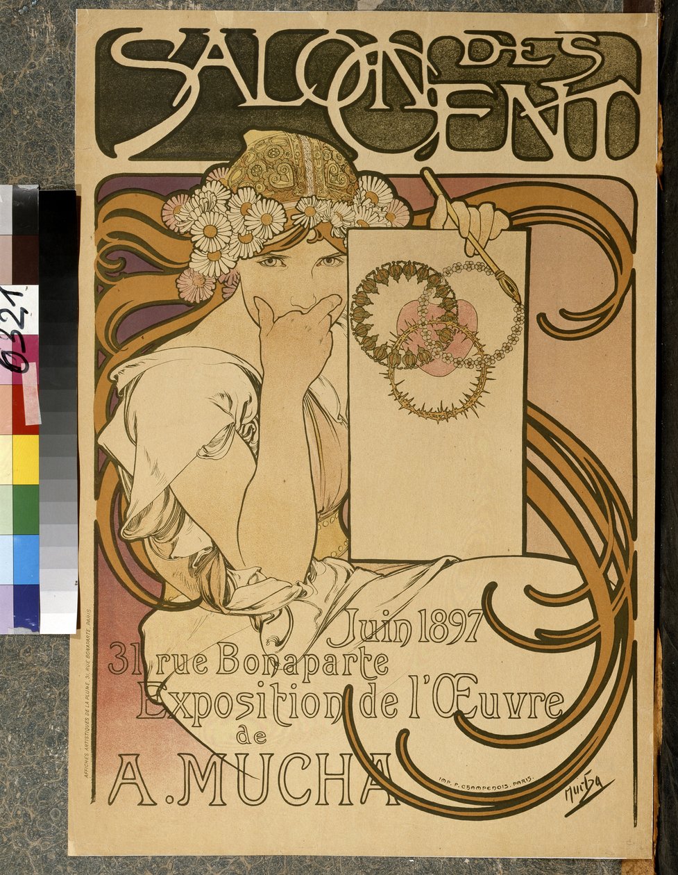 ملصق إعلان عن معرض A. Mucha في Salon des Cent ، 31 شارع Bonaparte a Paris ، يونيو 1897 (لون ليثو) بواسطة ألفونس موشا