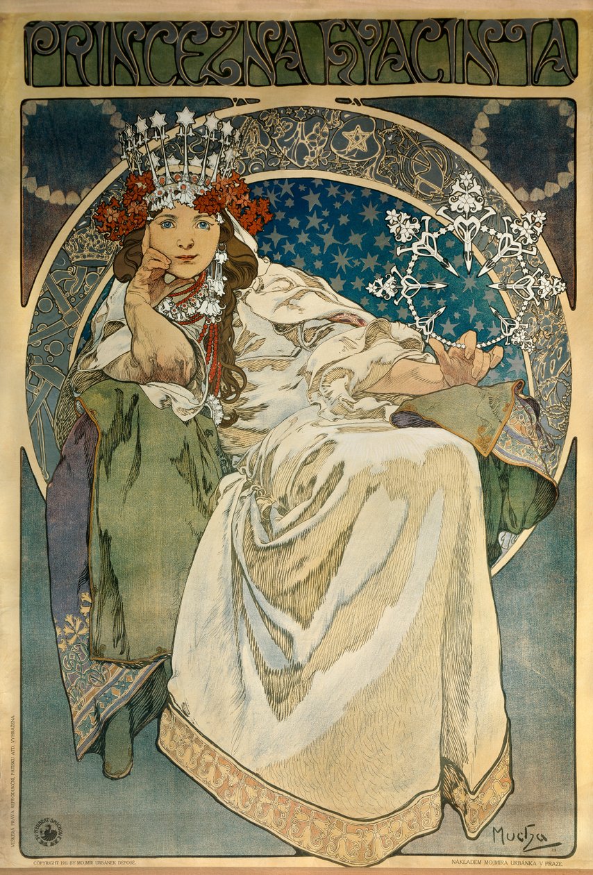 ملصق لألفونس موتشا (1860-1939) لإنشاء باليه "Princess Hyacinthe" لأوسكار ندبال (1874-1930) في المسرح الوطني في براغ وتمثل الممثلة أندولا سيدلاكوفا بواسطة ألفونس موشا