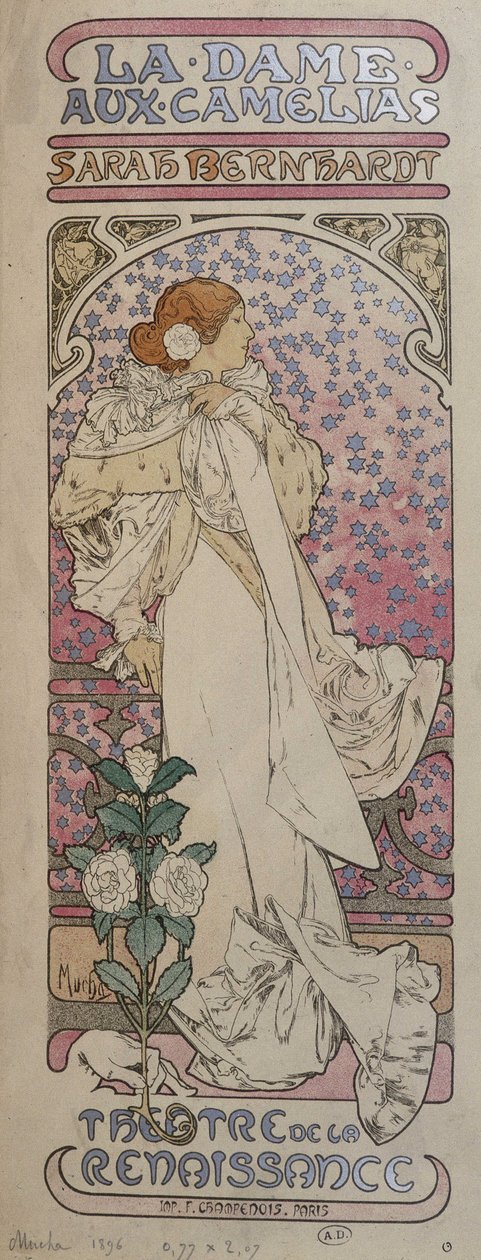 ملصق "La dame au camélias" على مسرح عصر النهضة مع Henriette Rosine Bernard dit Sarah Bernhardt (1844-1923) - بواسطة موتشا بواسطة ألفونس موشا