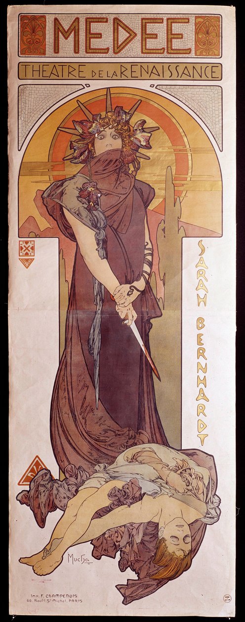 ملصق لفيلم "Medee" الذي تؤديه هنرييت روزين برنارد ديت سارة برنهارد (1844-1923) في مسرح عصر النهضة. رسم لألفونس موتشا (1860-1939) باريس ، فنون زخرفية بواسطة ألفونس موشا
