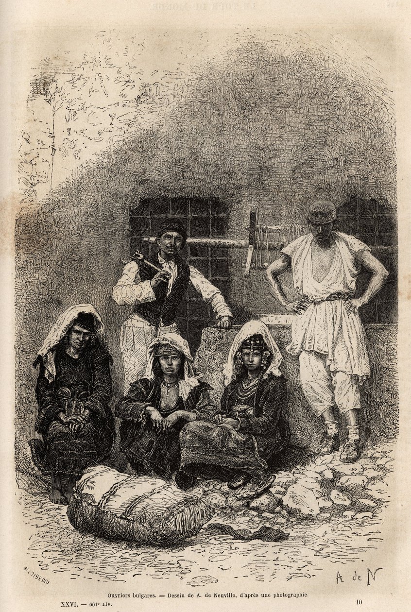 العمال البلغار ، بالقرب من صوفيا ، نقش بعد رسم أ. دي نوفيل ، يوضح الرحلة إلى بلغاريا ، بواسطة غيوم ليجان ، في عام 1867 ، نُشر في "" Le tour du monde "" 1873 ، تحرير إدوارد شارتون ، طبعة Hachette ، باريس . مجموعة سيلفا بواسطة ألفونس ماري دي نوفيل