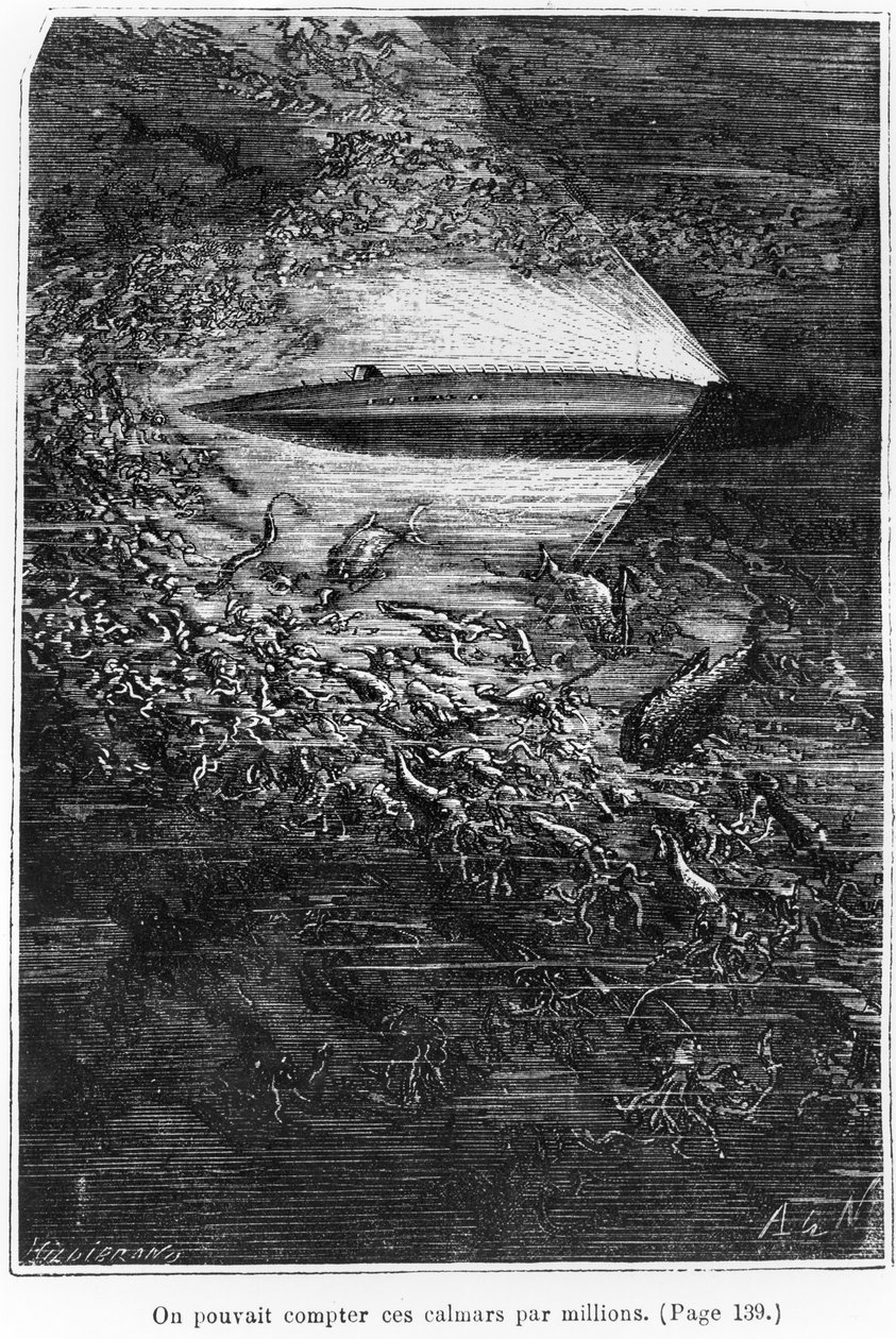 رسم توضيحي من "20000 فرسخ تحت البحر" لجول فيرن (1828-1905) منقوش بواسطة هنري ثيوفيل هيلديبراند (1824-97) 1877 بواسطة ألفونس ماري دي نوفيل