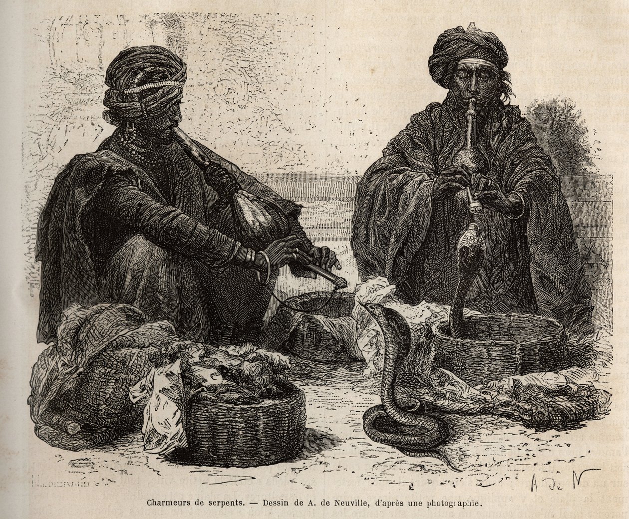 Les charmeurs de snpents ، الذين يتاجرون بالزواحف ، التي يجذبونها عن طريق النفخ في toumril (الفلوت) ، نقش بعد رسم A. de Neuville ، يوضح رحلة Rajahs إلى الهند ، في 1864-1868 ، بواسطة Louis Rousselet ، تم نشره في جولة "" Le بواسطة ألفونس ماري دي نوفيل
