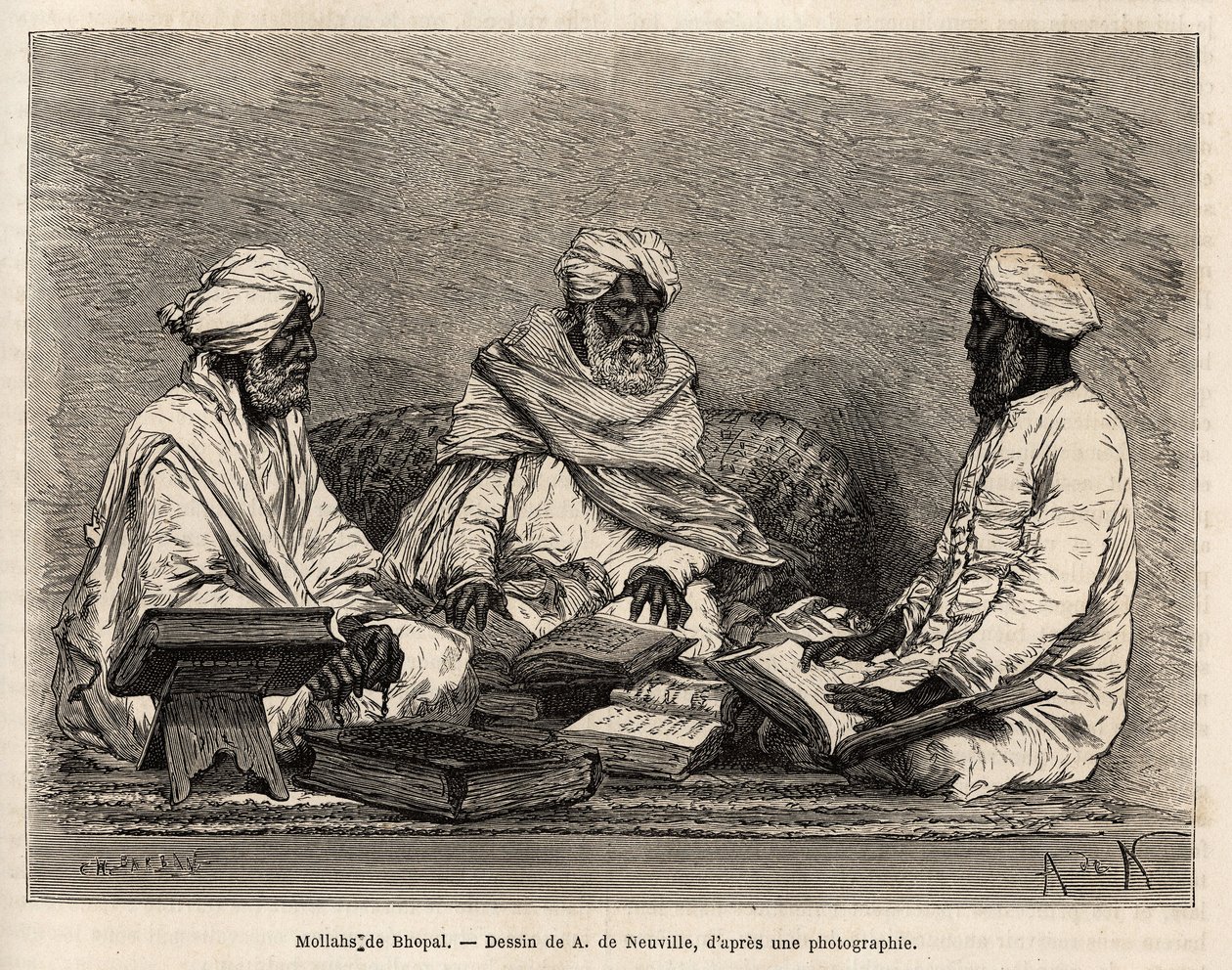 Les mullahs de la Mosque de Bhopal ، في مناقشة كاملة للنقاط الخلافية في الدين الإسلامي ، نقش بعد رسم A. de Neuville ، يوضح رحلة الراجاس في الهند ، في 1864-1868 ، بواسطة Louis Rousselet ، نُشر في "" لو بواسطة ألفونس ماري دي نوفيل