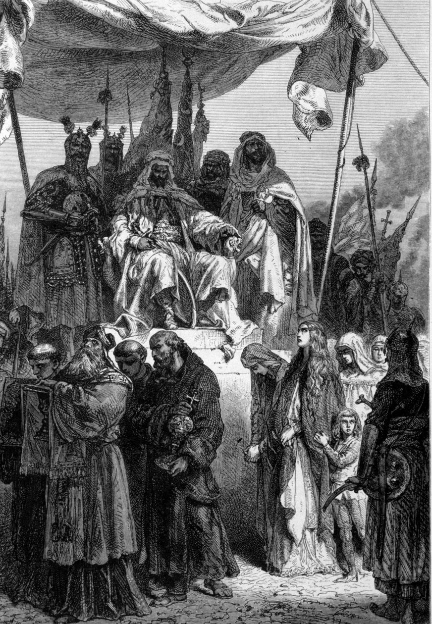 مسيحيو القدس يغادرون قبل صلاح الدين (1138-1193) (صلاح الدين يوسف الأيوبي (الأيوبي) بعد الاستيلاء على المدينة المقدسة - نقش لنويفيل بواسطة ألفونس ماري دي نوفيل
