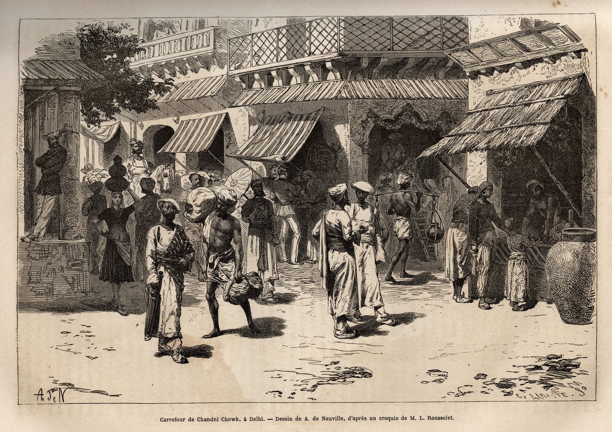 مفترق طرق Chandni chowk ، شارع ديدان الذهب ، الشريان الرئيسي للأنشطة التجارية والحرفية ، الذي يعبر دهلي من البوابة الكبرى للقصر إلى بوابة لاهور ، نقش بعد رسم A. de Neuville ، يوضح الرحلة بواسطة ألفونس ماري دي نوفيل