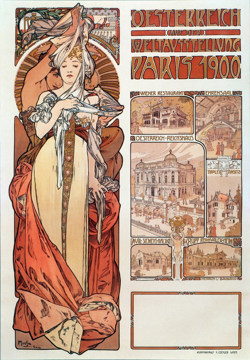 ملصق إعلاني لألفونس موتشا (1860-1939) للنمسا ممثلة في المعرض العالمي في باريس 1900 - أبعاد 68x98،5 سم ملصق إعلاني لألفونس موتشا عن "النمسا" في المعرض بواسطة ألفونس موشا