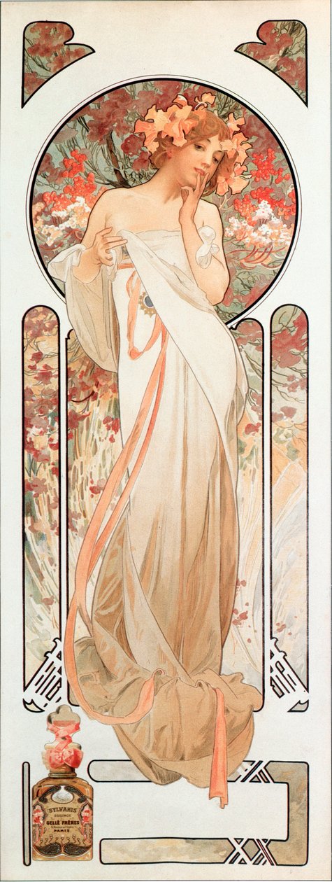 ملصق إعلاني من ألفونس موشا (1860-1939) لعطر "سيلفانيز إسنس" 1899 - Dim 21x61 cm ملصق إعلاني بواسطة ألفونس موشا عن عطر "سيلفانيس إسنس" 1899 - العقيد الخاص بواسطة ألفونس موشا