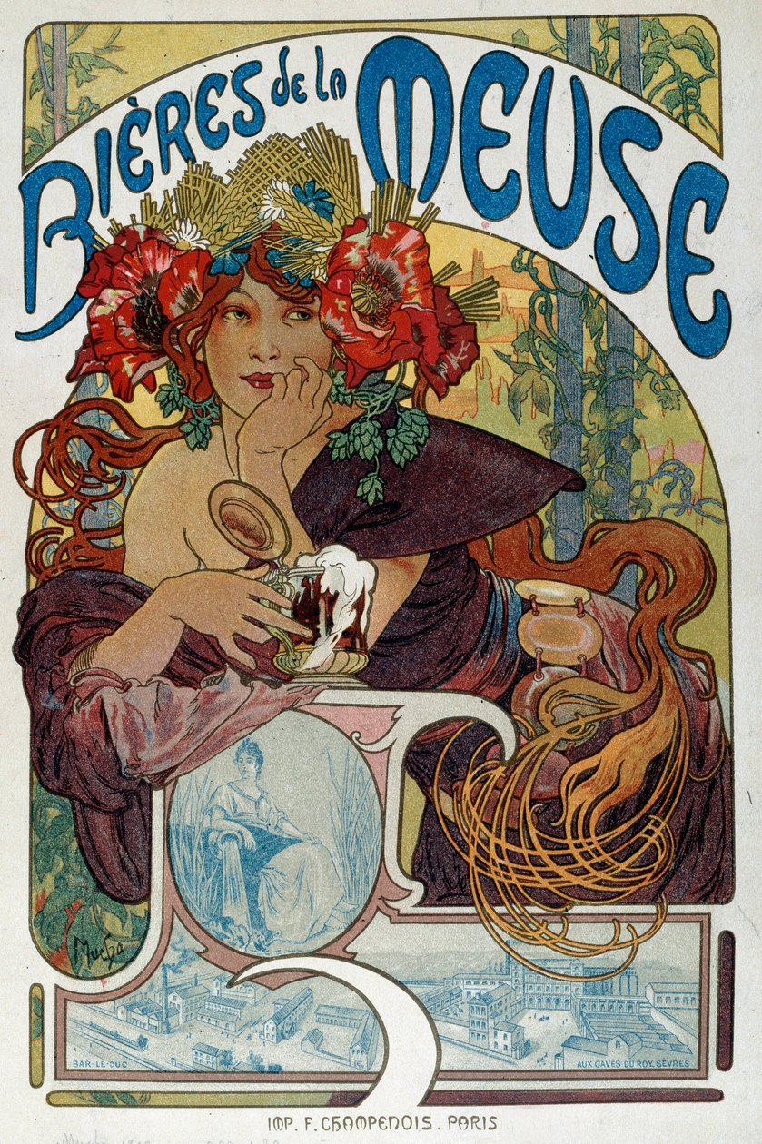 ملصق إعلاني لـ "Les bieres de la Meuse" مصور من قبل ألفونس موتشا (1860-1939) 1898 باريس ، الفنون الزخرفية بواسطة ألفونس موشا