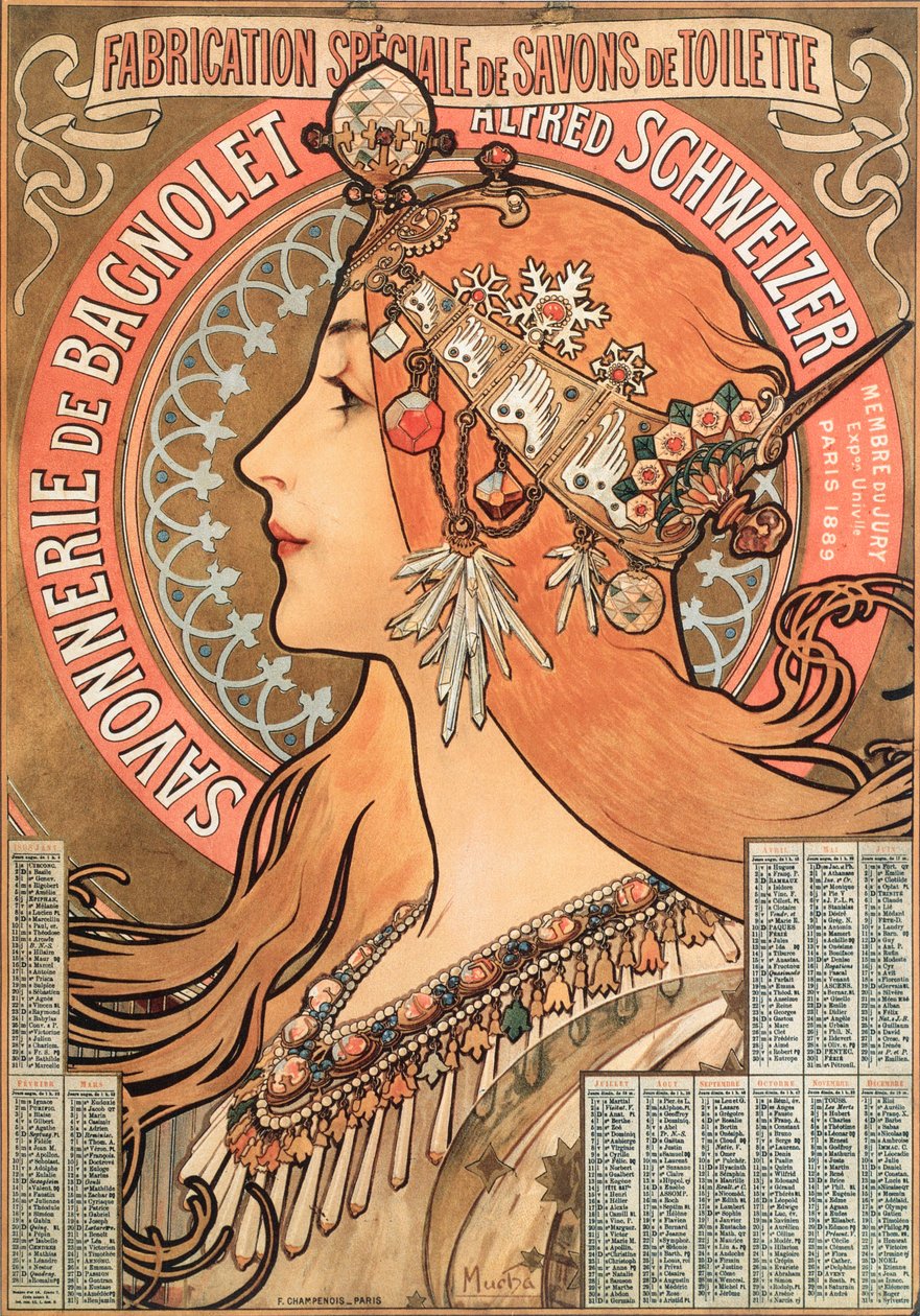 صفحة التقويم لعام 1898 زخرفت رسمًا توضيحيًا للإعلان بواسطة ألفونس موشا (1860-1939) لشركة الصابون Savonnerie de Bagnolet Alfred Schweizer - رسم إعلاني بواسطة ألفونس ( بواسطة ألفونس موشا