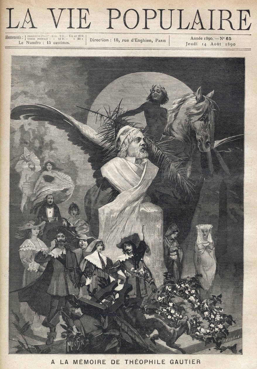 في ذكرى ثيوفيل غوتييه (1811-1872). حول تمثال نصفي للكاتب ، تسير الشخصيات في زي أعماله بحزن وكرامة ، تحت أنظار طفل تتويج أمجاد ، راكبًا حصانًا جناحًا. رسم توضيحي لألفونس ماريا موتشا (ألفونس ما بواسطة ألفونس موشا