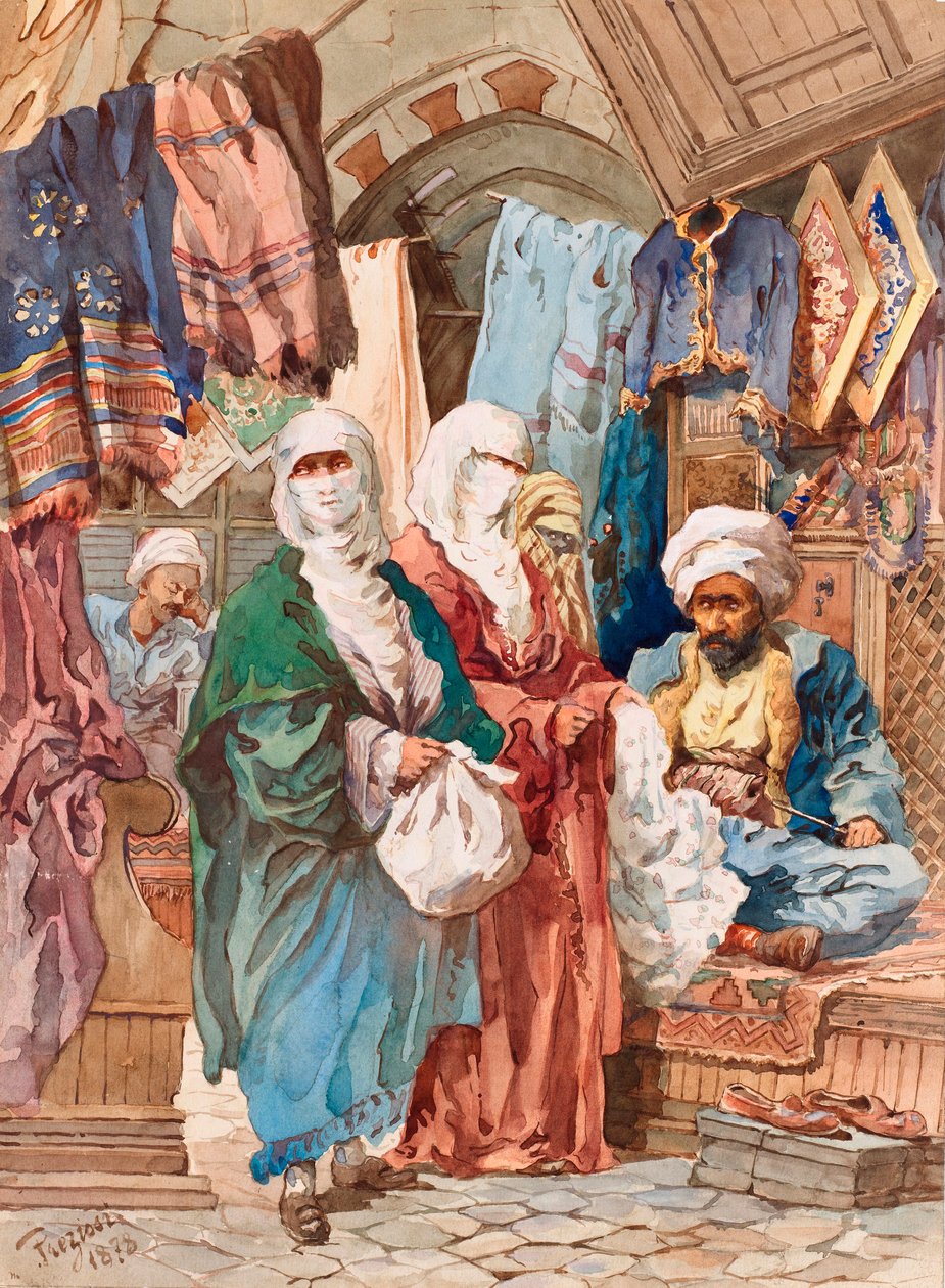 بازار الحرير (سوق شرقي ، سوق ، سلع حريرية) - بازار الحرير - بقلم أميديو بريزيوسي (1816-1882) ، ألوان مائية على ورق (41 × 30 سم) - متحف بيرا ، اسطنبول بواسطة أماديو بريزيوسي