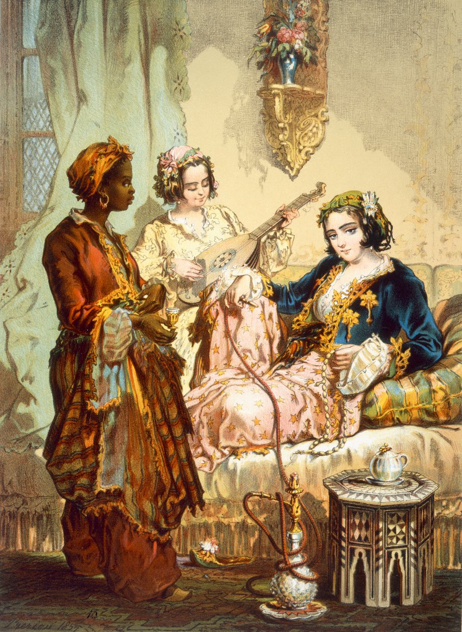 فنجان القهوة: امرأتان تتناولان القهوة وتدخنان هابل بابل ، حانة. 1865. بواسطة أماديو بريزيوسي