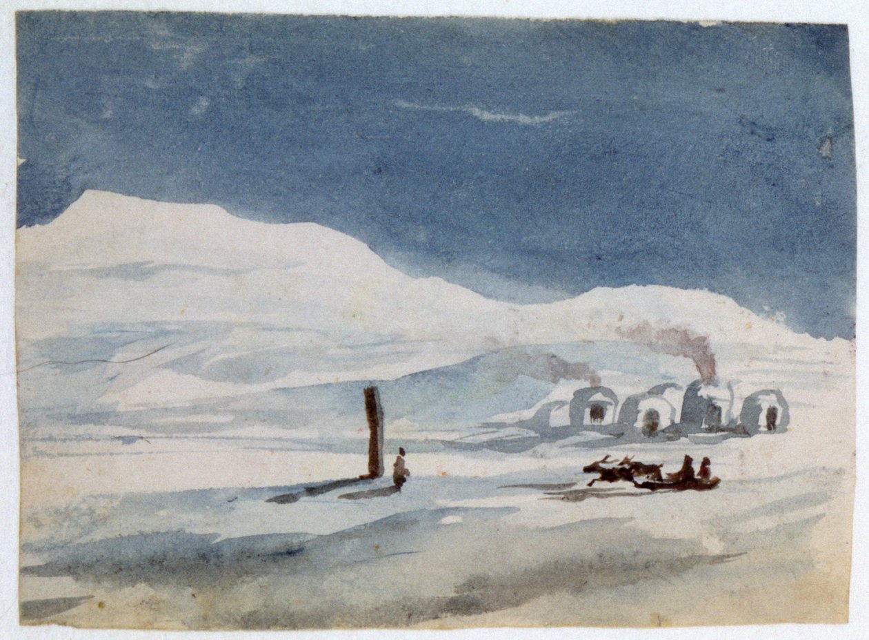 أكواخ زجاجية وإسكيمو". لوحة مائية. أورور أمادين لوسي دوبان (1804-1876) روائية وناشطة نسوية فرنسية كتبت تحت اسم جورج ساند. بواسطة أمانتين دوبين