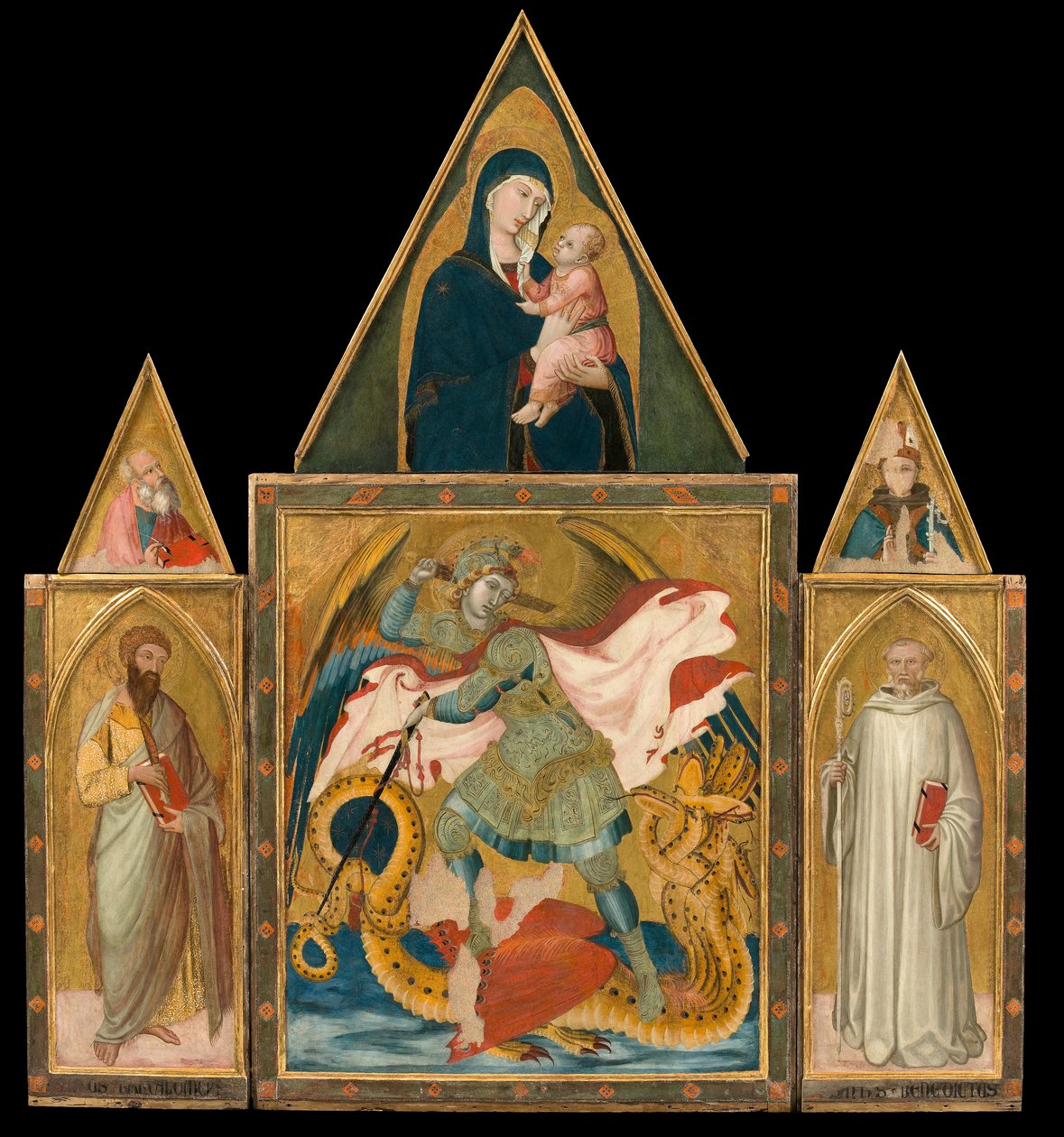 Ambrogio Lorenzetti - دير Rofeno Poliptych. القديس ميخائيل رئيس الملائكة يذبح التنين بين القديسين بارثولوميو بواسطة أمبروجيو لورنزيتي