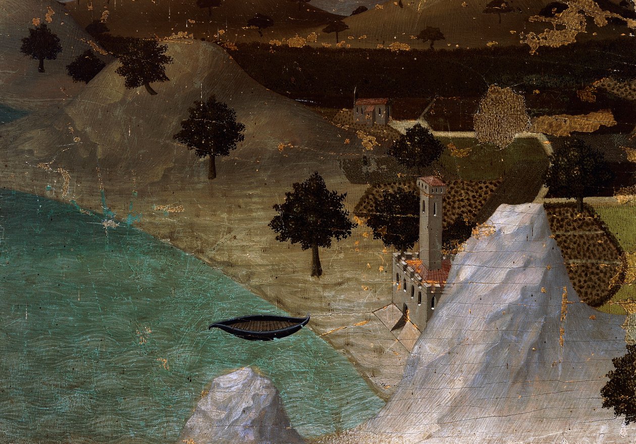 قلعة على شاطئ البحيرة ، بواسطة Ambrogio Lorenzetti (1290-ca 1348) ، تمبرا على خشب ، 22،5x33 سم بواسطة أمبروجيو لورنزيتي