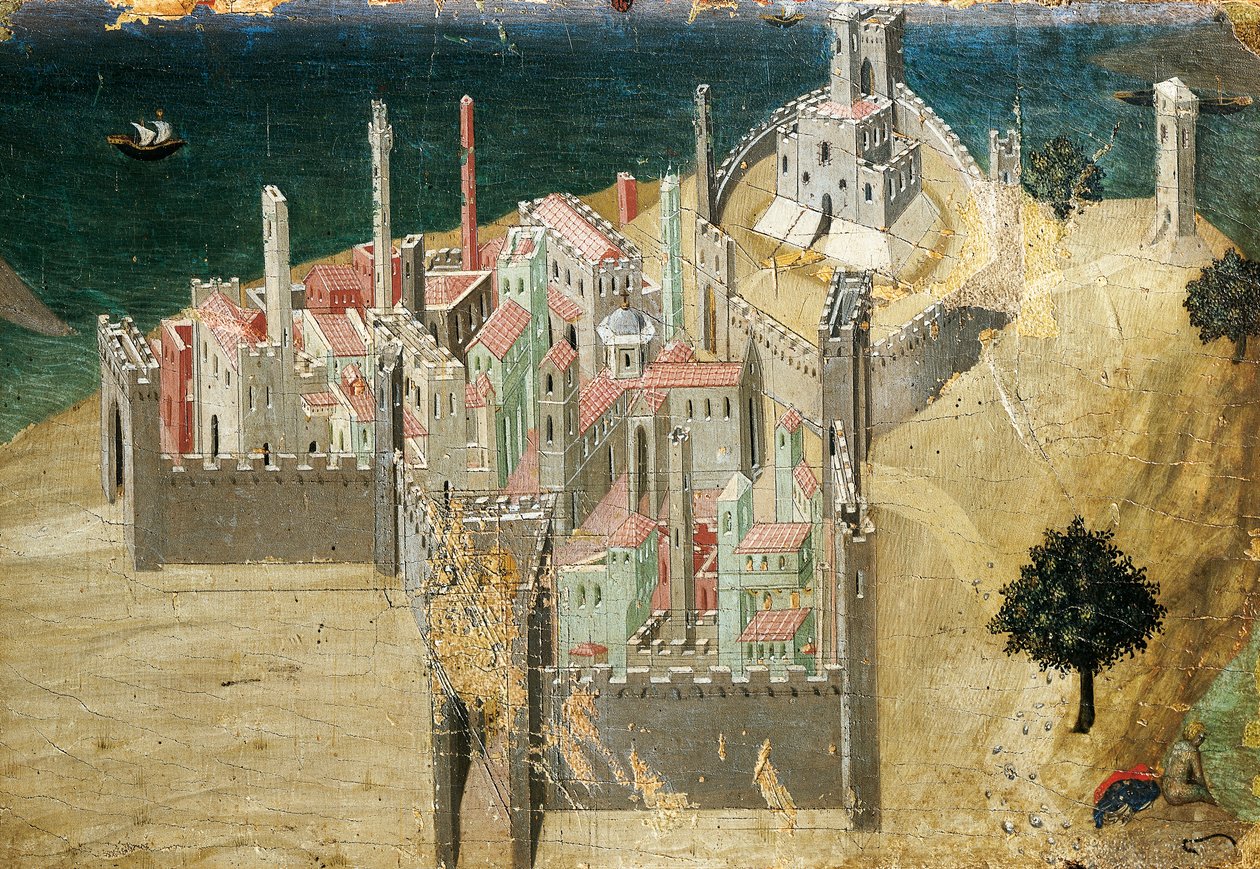 City by sea, by Ambrogio Lorenzetti (1290-ca 1348) Tempera and gold on wood, 22.5x33.5 cm بواسطة أمبروجيو لورنزيتي