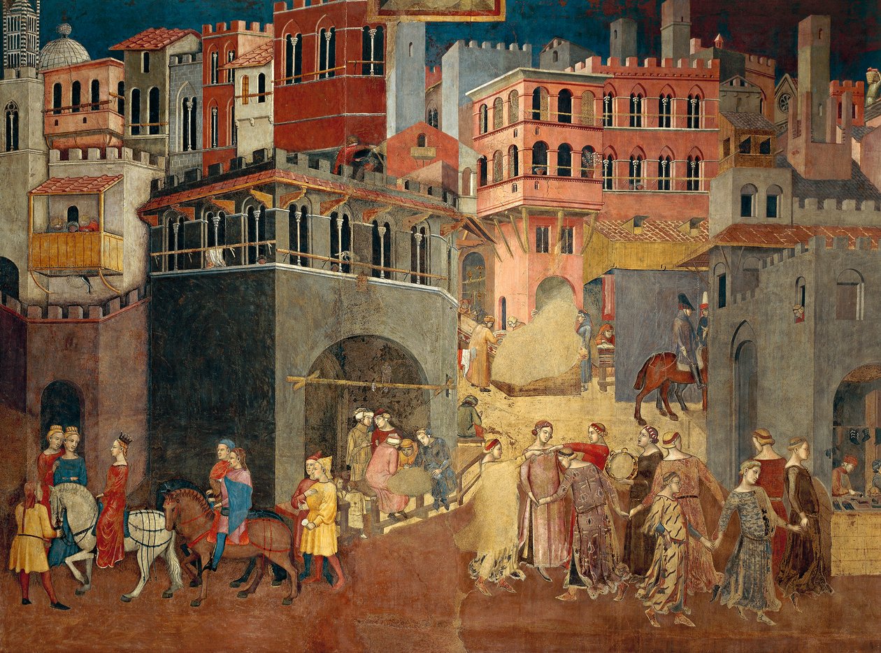 Effects of good government in city, detail from Allegory and effects of good and bad government in town and country بواسطة أمبروجيو لورنزيتي