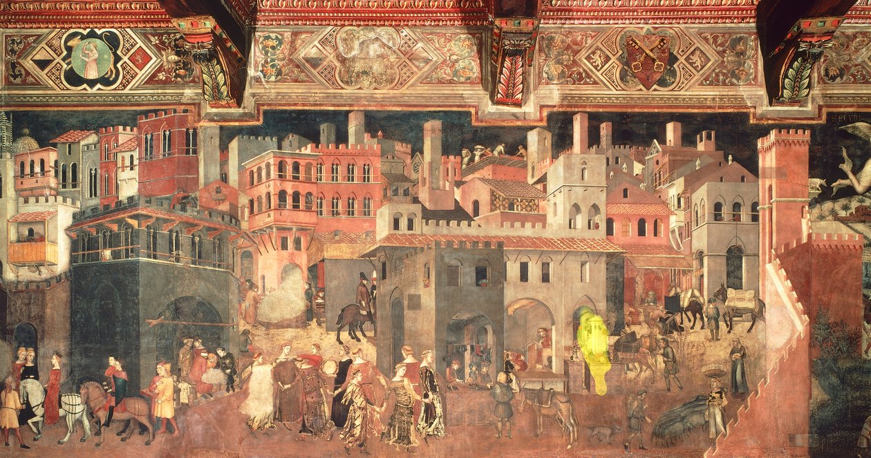 Effects of good government in city, detail from the Allegory and effects of good and bad government in town and country بواسطة أمبروجيو لورنزيتي