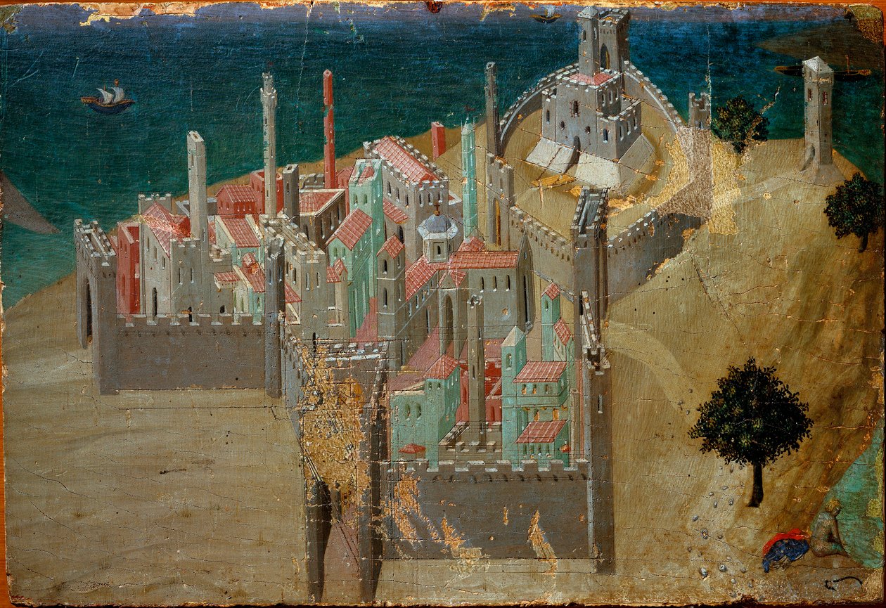 منظر لمدينة محصنة بالقرب من البحر التفاصيل. Detrempe على الخشب بواسطة Ambrogio Lorenzetti بواسطة أمبروجيو لورنزيتي