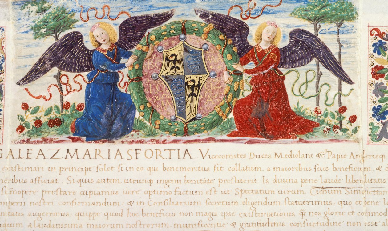 Angels holding a shield depicting a Sforza coat of arms, miniature by Ambrogio Bergognone from a manuscript, Italy 1477. بواسطة أمبروجيو دا فوسانو (1460 1523)