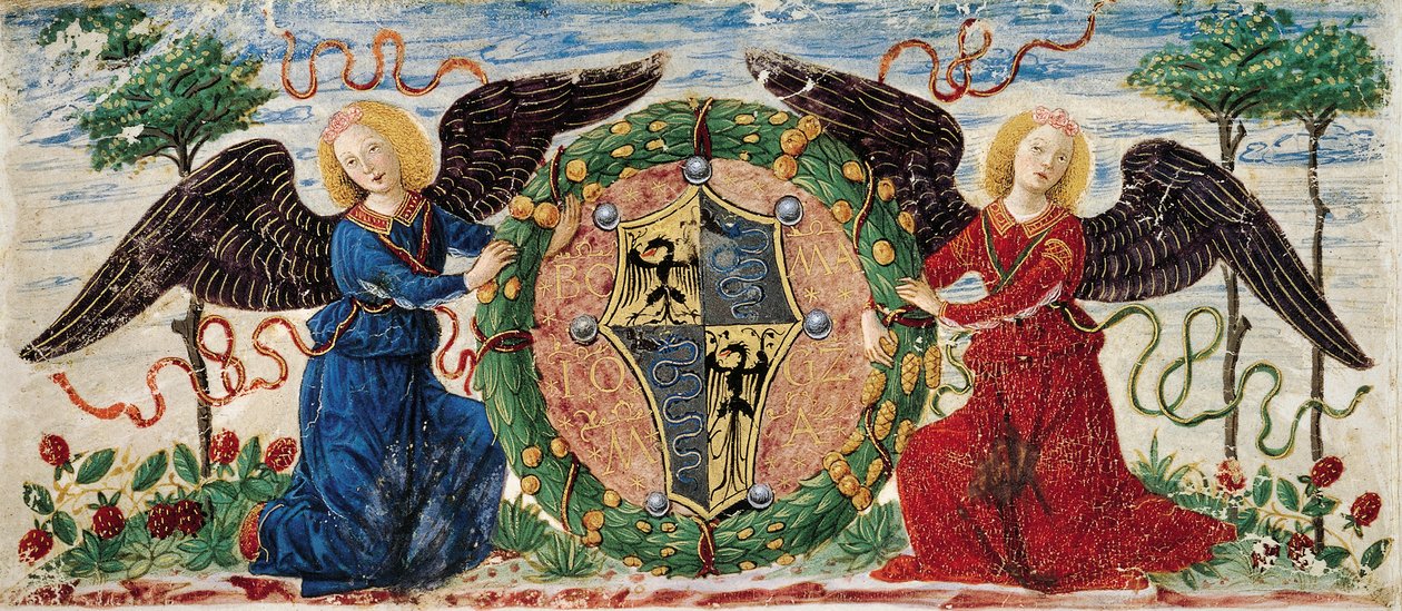 Angels holding shield depicting Sforza coat of arms, Burgundy miniated parchment بواسطة أمبروجيو دا فوسانو (1460 1523)