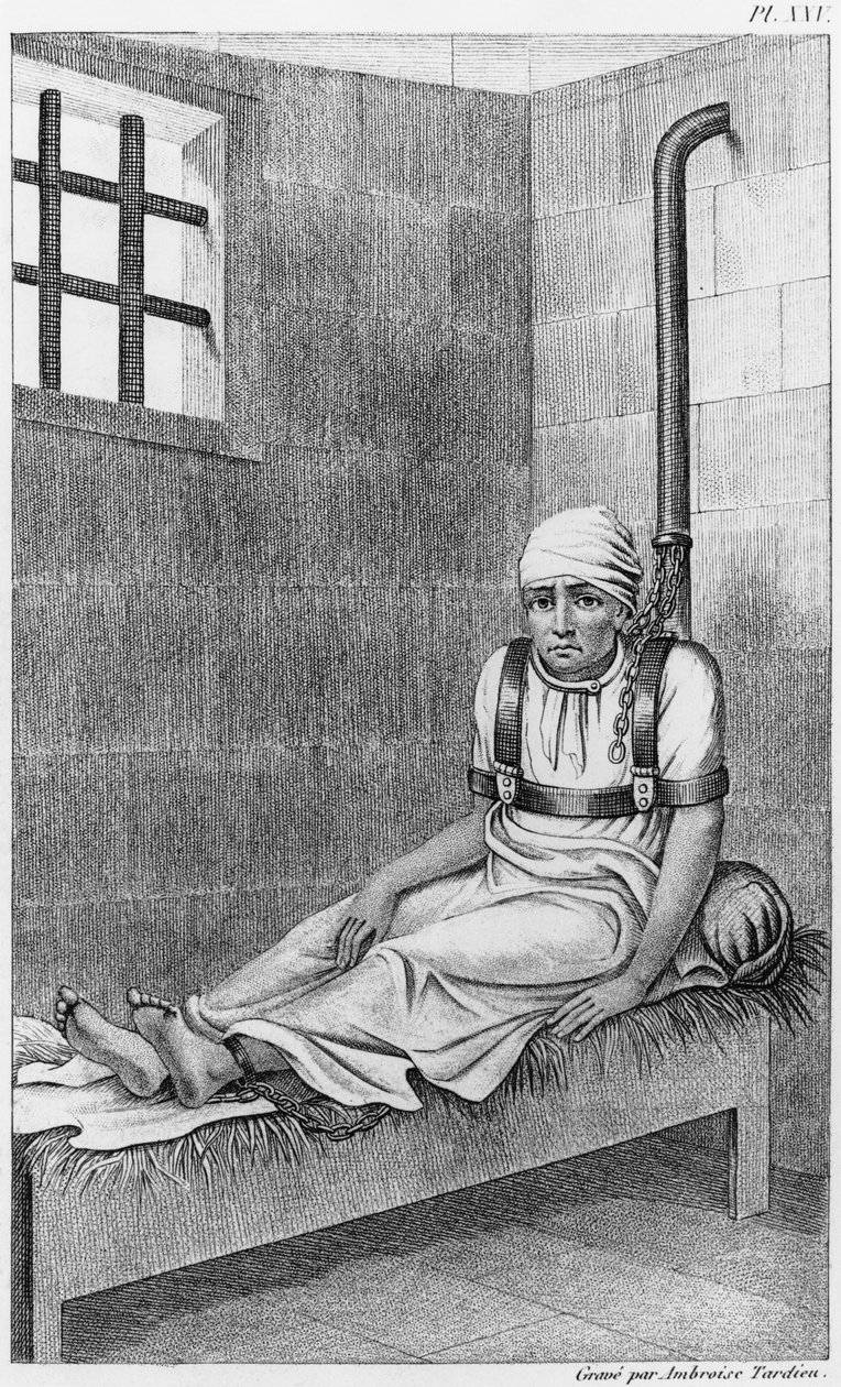 مجنونة بالسلاسل في Bedlam ، التوضيح من "Des Maladies Mentales تعتبر dans le rapport medical، hygienique et medico-legal" بواسطة Etienne Esquirol (1772-1840) لوحة XXV ، 1838 (وزن الجسم pho بواسطة أمبرواز تارديو