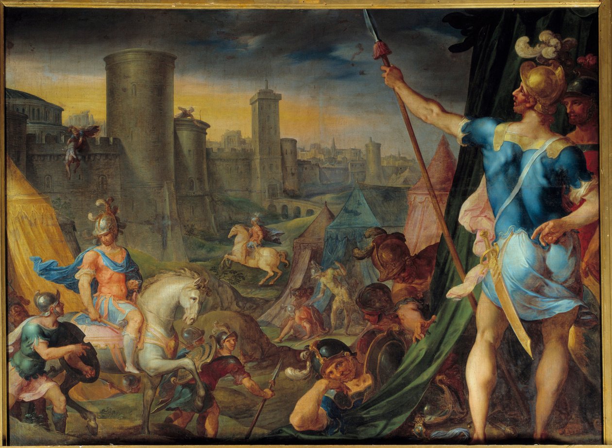 مخيم الكروا أمام القدس من سلسلة "" Histoire de Tancrede et de Clorinde "" "La jerusalem delibree" "للشاعر Le Tasse (Il tasso) لوحة أمبرواز دوبوا (1542-1614) . 1.62 × 2.15 م فونتينبلو. شاتيا بواسطة أمبرواز دوبوا