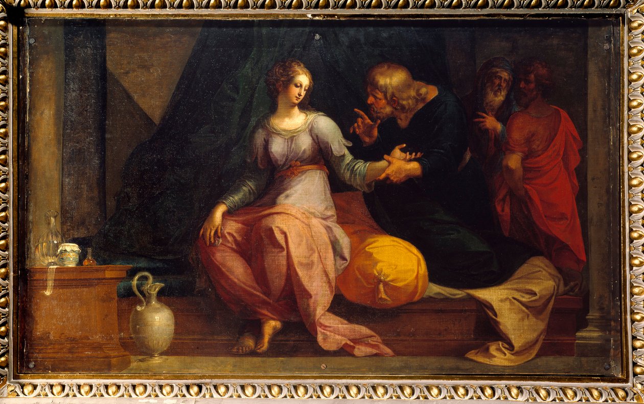 The doctor Acestinus examines Chariclee Illustration of “The Ethiopics or History of Love of Theagene and Chariclee” by Heliodore (Heliodoros) by Emese (4th century AD). Painting by Ambroise Dubois (1542-1614) 1610 Sun. 1,3x2,35 m Fontainebleau musee du ch بواسطة أمبرواز دوبوا