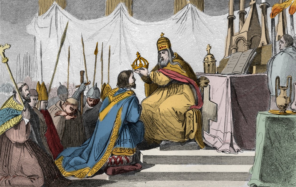 توج شارلمان (742-814) من قبل البابا ليو الثالث (c750-816) في كاتدرائية القديس بطرس في روما في 25 ديسمبر 800 - القلب المقدس (تتويج) لشارلمان (742-814) في 800 بواسطة البابا ليون الثالث - نقش عام 1825 في " تمثل Histoire de France باللوحات السينوبتيكية بواسطة أمبرواز تارديو