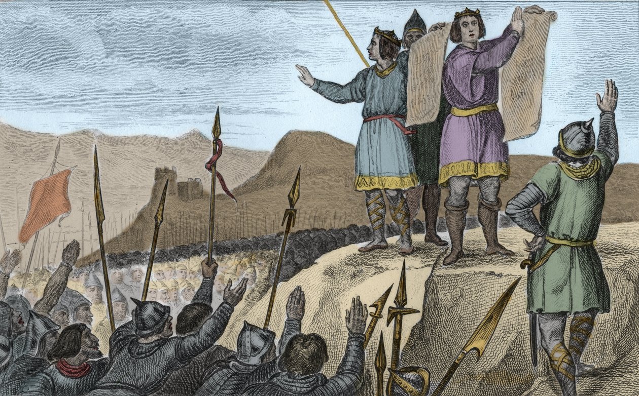 تشارلز الثاني (823-77) الأصلع وشقيقه لويس الألماني يبرمان معاهدة في ستراسبورغ في 842 - قسم ستراسبورغ أعلنه تشارلز الثاني الأصلع (823-877) ، ملك فرنسا وإمبراطور الغرب ، ولويس الجرماني 14 فبراير 842 - نقش بواسطة أمبرواز تارديو
