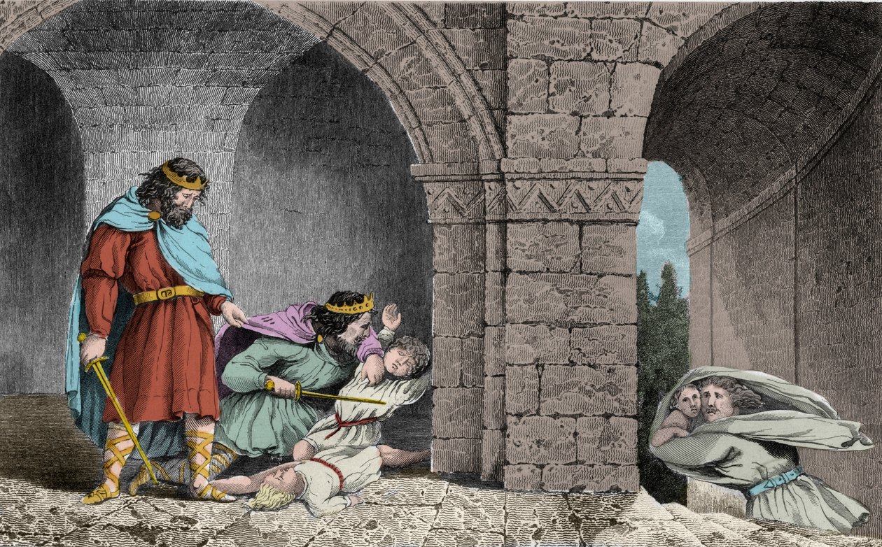 Childebert الأول (c498-558) في مقتل ورثة إخوانه - Childebert لقد تركت Clotaire (Clothaire) يذبح أطفال شقيقهم Clodomir ، ملك أورليانز ، الذين يشاركون ولاياتهم - نقش عام 1825 في "Histoire de France يمثله سينوبتي بواسطة أمبرواز تارديو