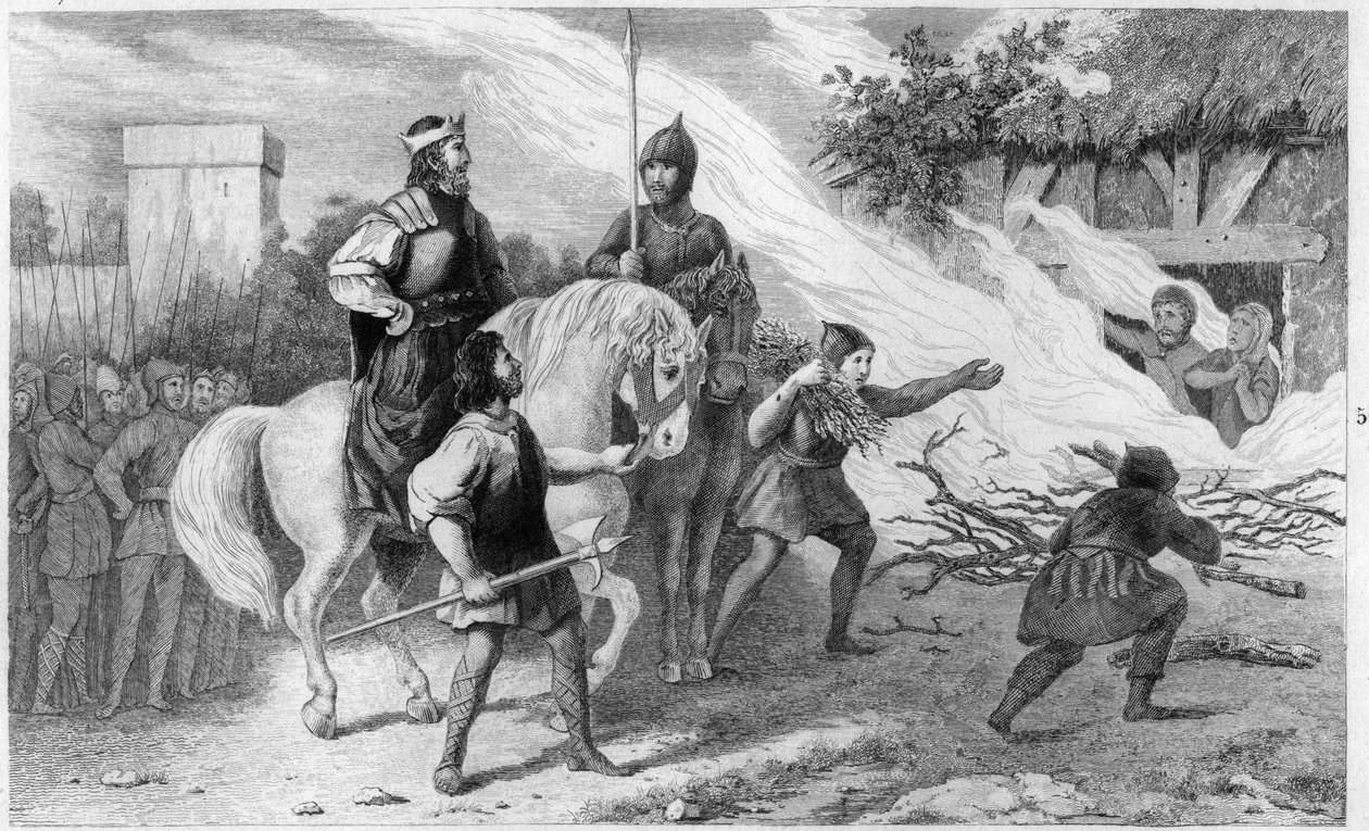 كلوثار الأول (497-561) يحرق ابنه المتمرد وعائلته ، 560 - كلوتير (كلوثير) الأول (497-561) ، ملك الفرنجة ، يحرق ابنه كرامني (كرام ، كرامن) وزوجته في 560 ، التي ثارت ضده. له - نقش 1825 في "Histoire de France يمثله بواسطة أمبرواز تارديو