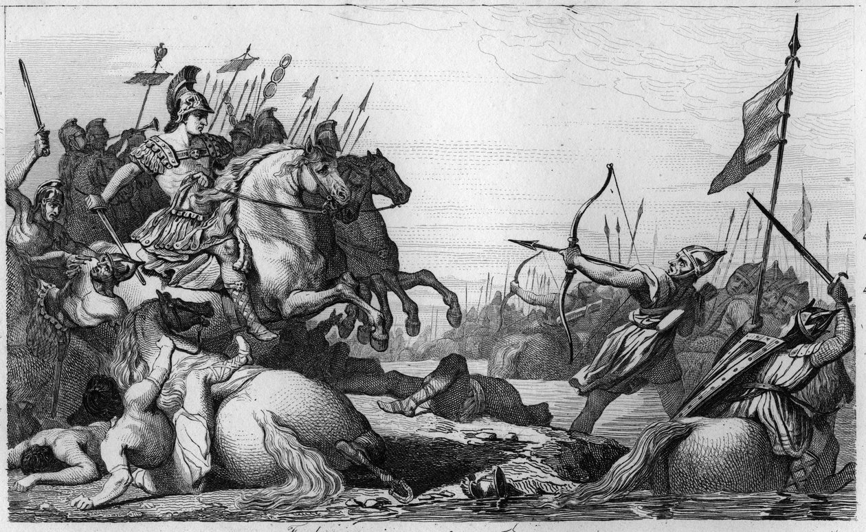 Clodion ، The Hairy (c428-47) يتراجع عبر الجسر بعد هزيمته من قبل Aetius - Clodion dit "" Le Chevelu "(حوالي 428 - حوالي 448) ، سلف الميروفينجيان ، زعيم Salians Francs - Clodion هو هزم من قبل أيتيوس ، جنرال فالنتينين الثالث ، الذي بواسطة أمبرواز تارديو