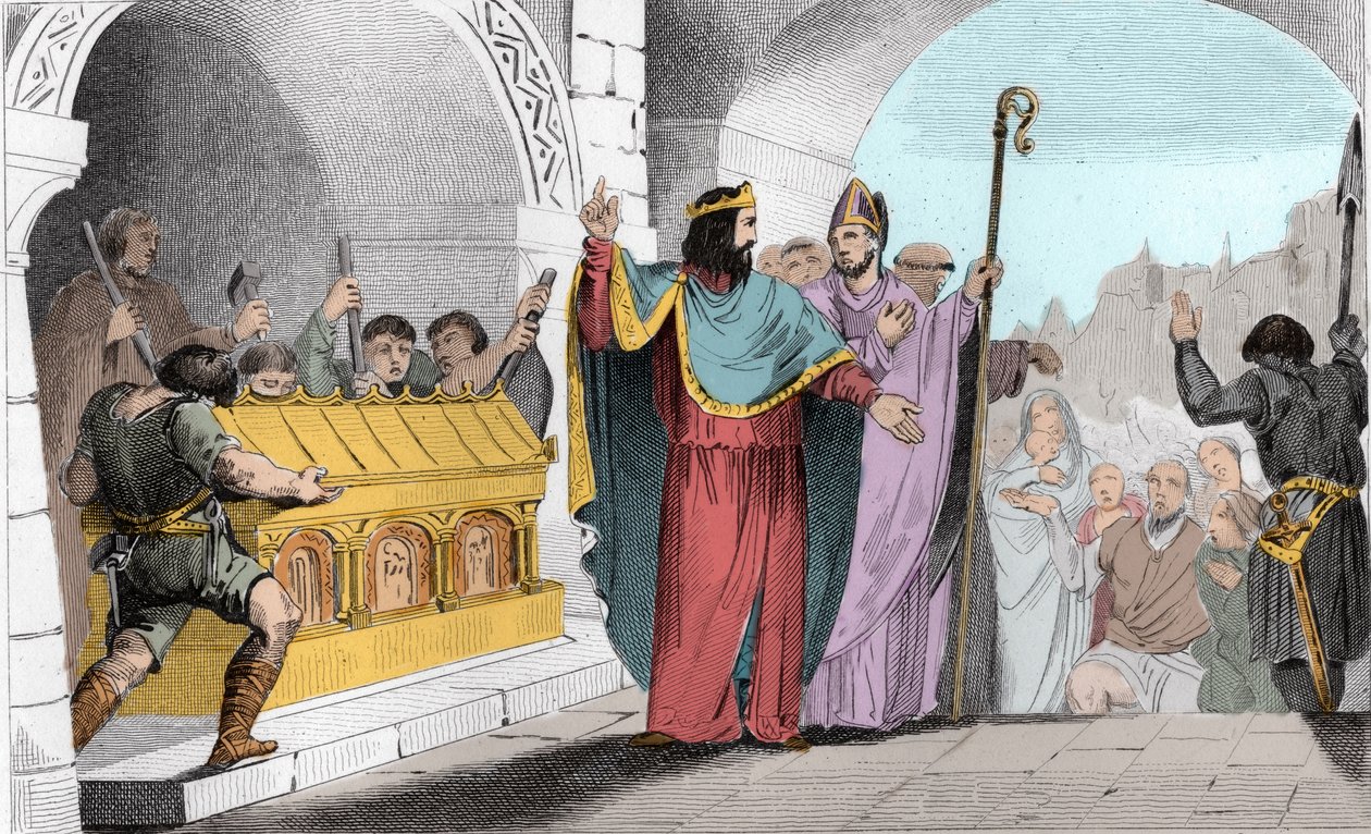 Clovis II (635-657) بيع الفضة والذهب من الضريح لإطعام الفقراء - Clovis II dit "le Faineant" لإطعام الفقراء صنعت الشفرات الذهبية والفضية التي تم إزالتها من كنيسة Saint-Denis - نقش 1825 في "هيستوار دو فرانس ممثلة بالتزامن بواسطة أمبرواز تارديو