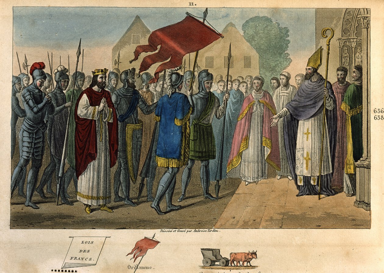 Dagobert 603 إلى 639 ينزل اللافتة في St Denis - Dagobert I (؟ - 639) ، ملك الفرنجة ، سلالة Merovingians. أسس دير القديس دينيس حيث أودع أوريفليم. رسم وقبر بواسطة أمبرواز تارديو عام 1825. بواسطة أمبرواز تارديو