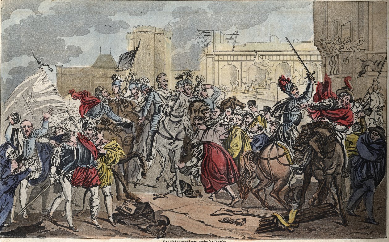 Entrée d'Henri IV à Paris: Henri IV (1553-1610). كان تحول الملك إلى الكاثوليكية بمثابة الضربة الأخيرة للعصبة ، وفتح أبواب باريس وقلب رعاياه في عام 1594. - رسم وقبر بواسطة أمبرواز تارديو عام 1825. بواسطة أمبرواز تارديو