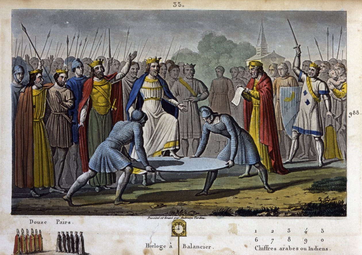 تم انتخاب Hugues Capet (ضد 941-996) ملكًا على فرنسا (في 987) ، بموافقة إجماعية (إلى حد كبير بفضل Gerbert d'Aurillac ، البابا المستقبلي Sylvestre II) ، في جمعية المملكة العظمى التي عقدت في Noyon (Hugues Capet يرتفع على الدرع) - ارسم وقبر ب بواسطة أمبرواز تارديو