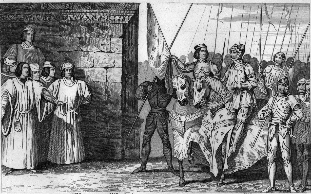 وصلت جان دارك (1412-1431) إلى ريمس عام 1429 لتنتظر تتويج تشارلز السابع (1403-1461) - قال تشارلز السابع "المنتصر" (1403-1461). رفع آرك المقعد ، ديليفري أورليانز وقاد الملك إلى ري بواسطة أمبرواز تارديو