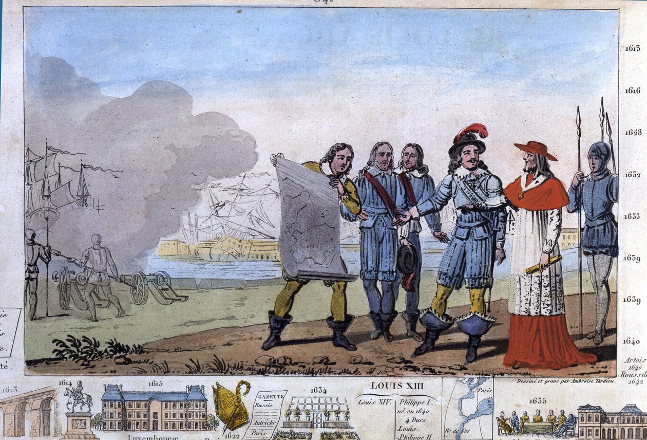 لويس الثالث عشر (1601-1643) والكاردينال ريشيليو في مقر لاروشيل ، مكان دارم ديس بروتستانت. - صمم ونقش بواسطة أمبرواز تارديو عام 1825. بواسطة أمبرواز تارديو