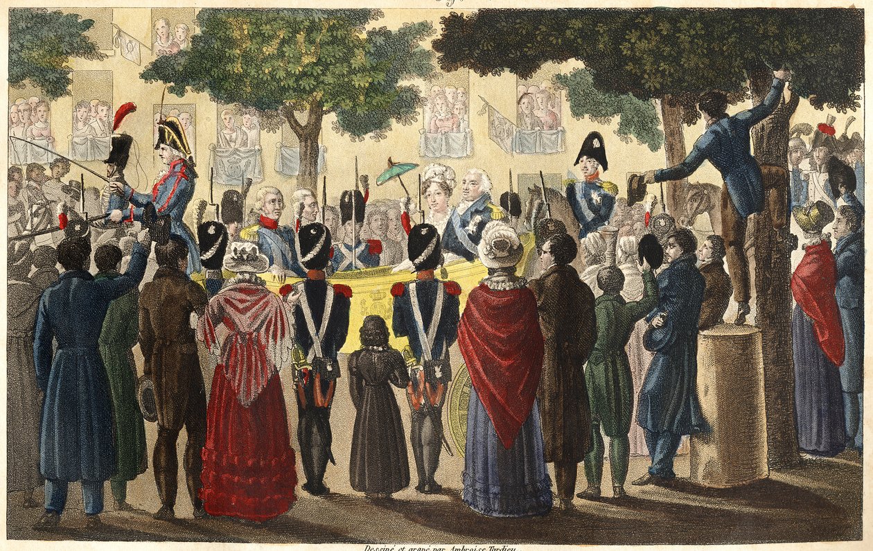 أعلن جيش كوندي لويس الثامن عشر (1755-1824) ملكًا من بين عدد قليل من الرعايا الموالين لباريس في عام 1814 (ترميم) - صممه ونقشه أمبرواز تارديو عام 1825. بواسطة أمبرواز تارديو