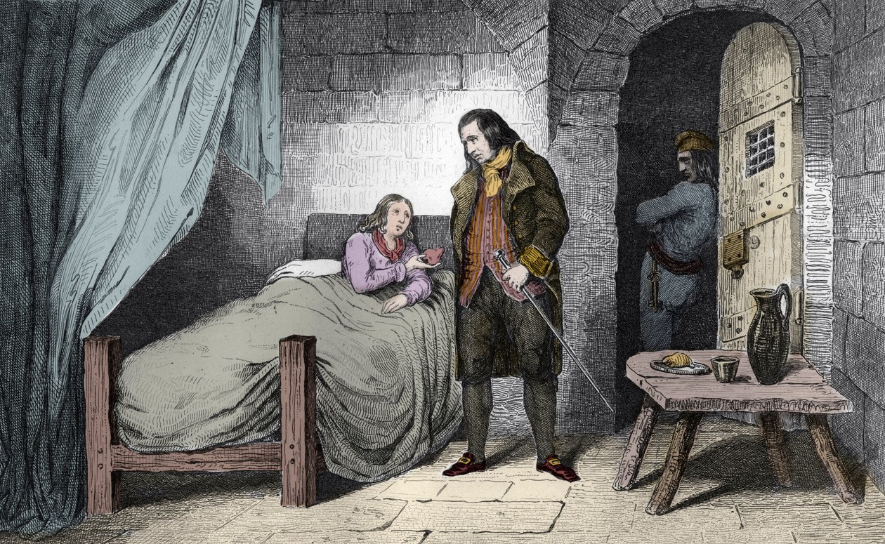 لويس السابع عشر (1785-95) مريض وسجين - دوفين فرنسا لويس السابع عشر (1785-1795) مريض في سجن المعبد - نقش عام 1825 في "هيستوار دو فرانس ممثلة بلوحات إجمالية مخصّصة لأطفال فرنسا والموظف لإدارتهم بواسطة أمبرواز تارديو