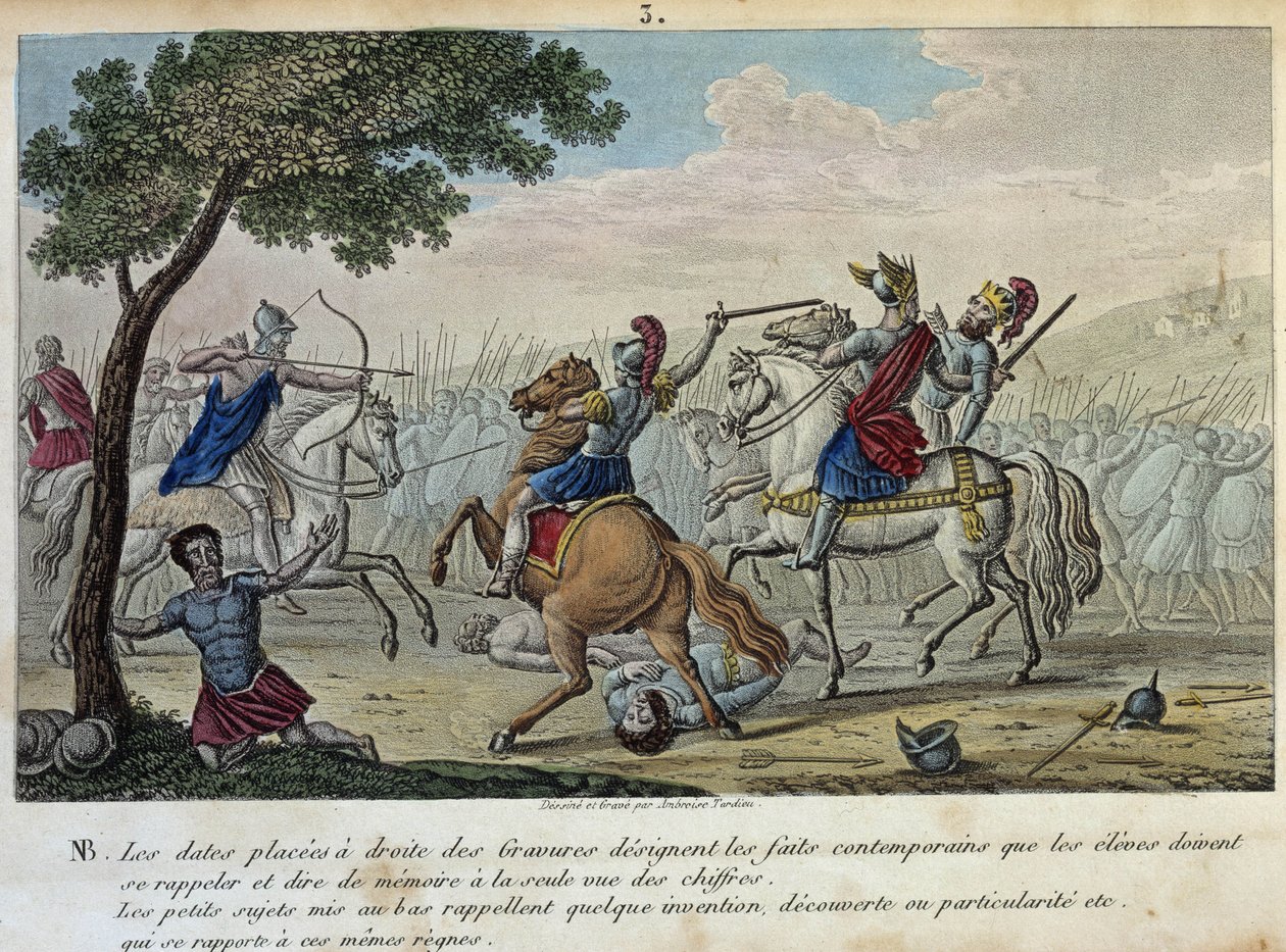 Merovee (447-458) يتحدى أتيلا في حقول Catalaunique بالقرب من Troyes مع Aetius و Theodoric الأول. - رسم وقبر بواسطة أمبروز تارديو عام 1825. بواسطة أمبرواز تارديو