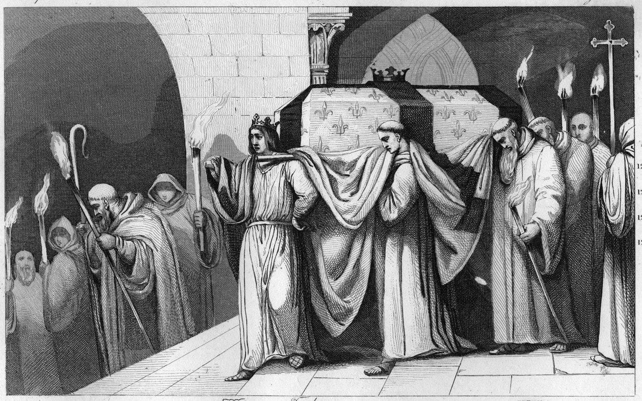 فيليب الثالث بولد (1245-1285) يساعد في حمل نعش والده في بازيليك سانت دينيس عام 1271 - فيليب الثالث هاردي ينقل رفات والده لويس التاسع (سانت لويس) إلى بازيليك سانت دينيس ، مقبرة الملوك في 1271 - انجراف بواسطة أمبرواز تارديو