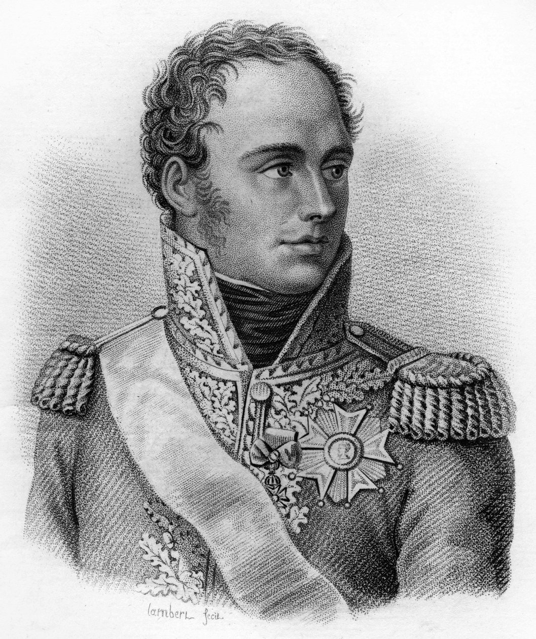 صورة يوجين روز دي بوارنيه ، المعروف باسم الأمير يوجين (1781-1824) ، نائب الملك في إيطاليا - في "صور للجنرالات الفرنسيين بعد انتصارات وغزوات الفرنسيين". نقش بواسطة أمبرواز تارديو عام 1818. مجموعة ستيلا. بواسطة أمبرواز تارديو