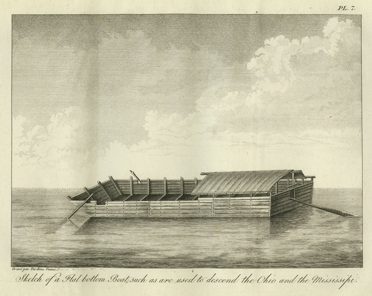 رسم تخطيطي لقارب مسطح القاع ، مثل يستخدم لتنحدر أوهايو والمسيسيبي ، نُشر عام 1826 بواسطة أمبرواز تارديو