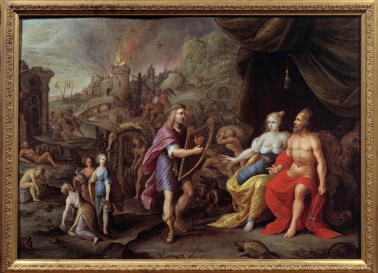 تمثيل Orphee في العالم السفلي Orphee ، مع قيثارته ، يطلب الإذن من زيوس للانضمام إلى Eurydice في العالم السفلي. لوحة أمبروسيوس فرانكين (1544-1618) القرن السابع عشر نيم ، متحف الفنون الجميلة. بواسطة أمبروسيوس الأكبر فرانكن أو فرانك