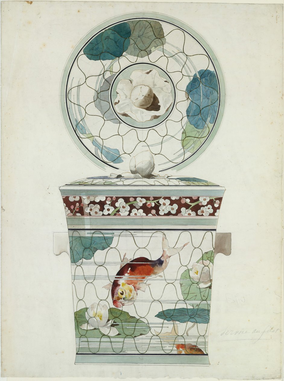 تصميم طبق مغطى في الخدمة au Filet Fish Net Ware ... ، 1875-85. بواسطة أميدي دي كارانزا.