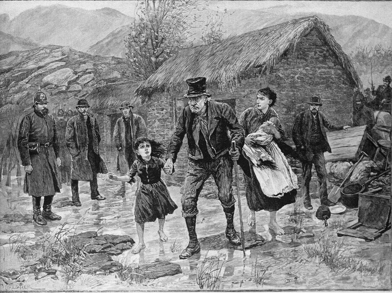 مشهد في الإخلاء الأيرلندي في مقاطعة كيري ، من "أخبار لندن المصورة" ، 15 يناير 1887 بواسطة أميدي فوريستير