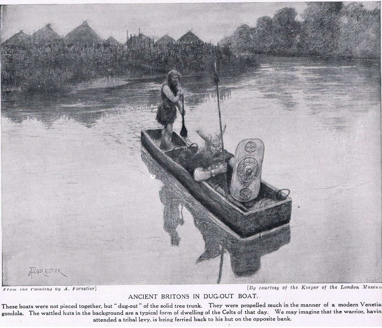 البريطانيون القدماء في قارب محفور ، توضيح من "تاريخ الأمم في هاتشينسون" ، ج .1910 بواسطة أميدي فوريستير